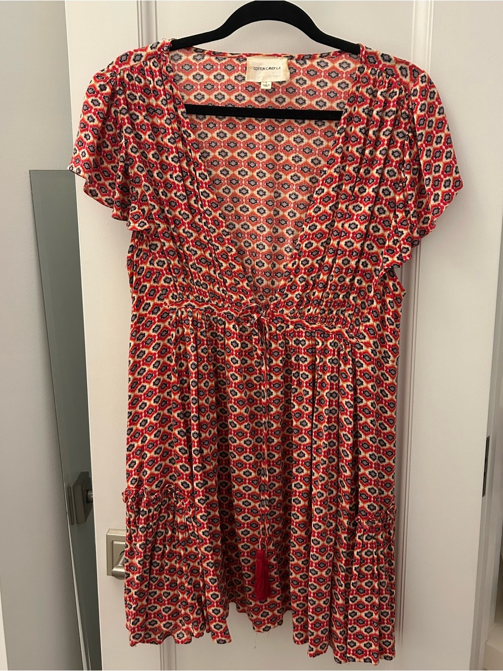 Cotton Candy Red Geo Print V-Neck Mini Dress